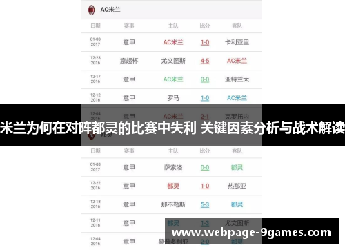 米兰为何在对阵都灵的比赛中失利 关键因素分析与战术解读