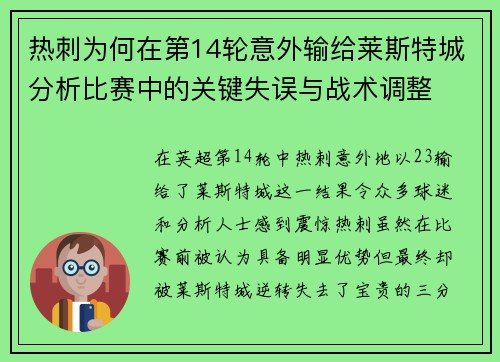 热刺为何在第14轮意外输给莱斯特城分析比赛中的关键失误与战术调整